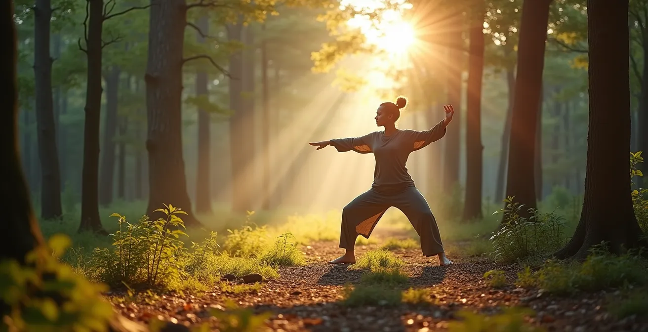 Person practicing tai chi movements in serene forest setting