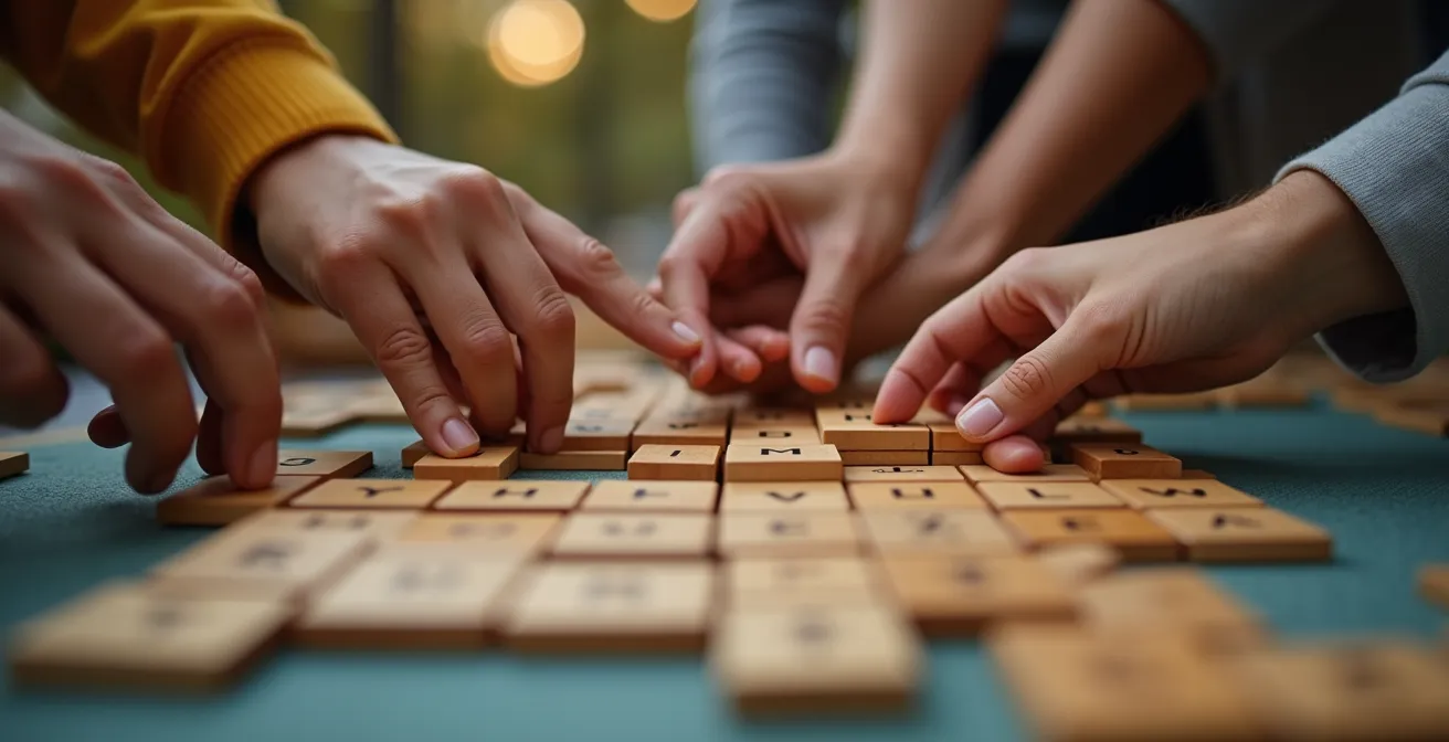 Adults playing cooperative board game in relaxed home setting showing genuine enjoyment