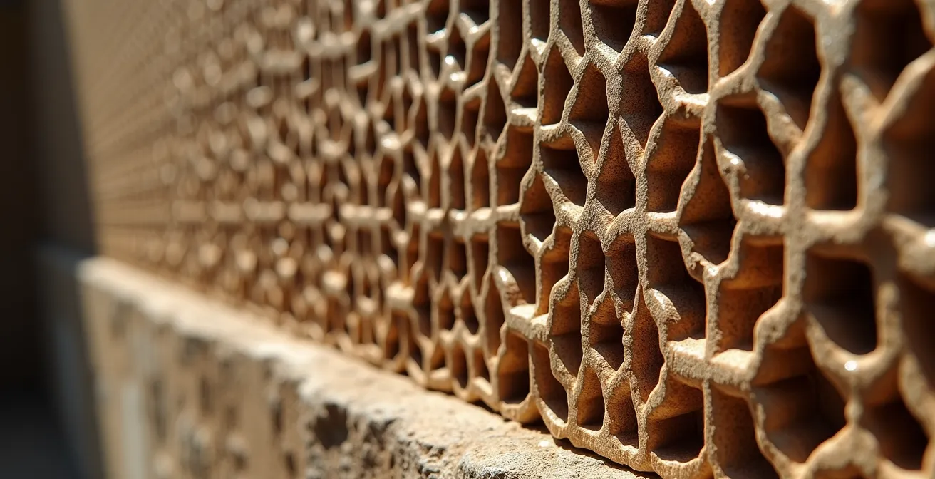 Intricate Islamic architectural details of the Alhambra palace bathed in soft morning light