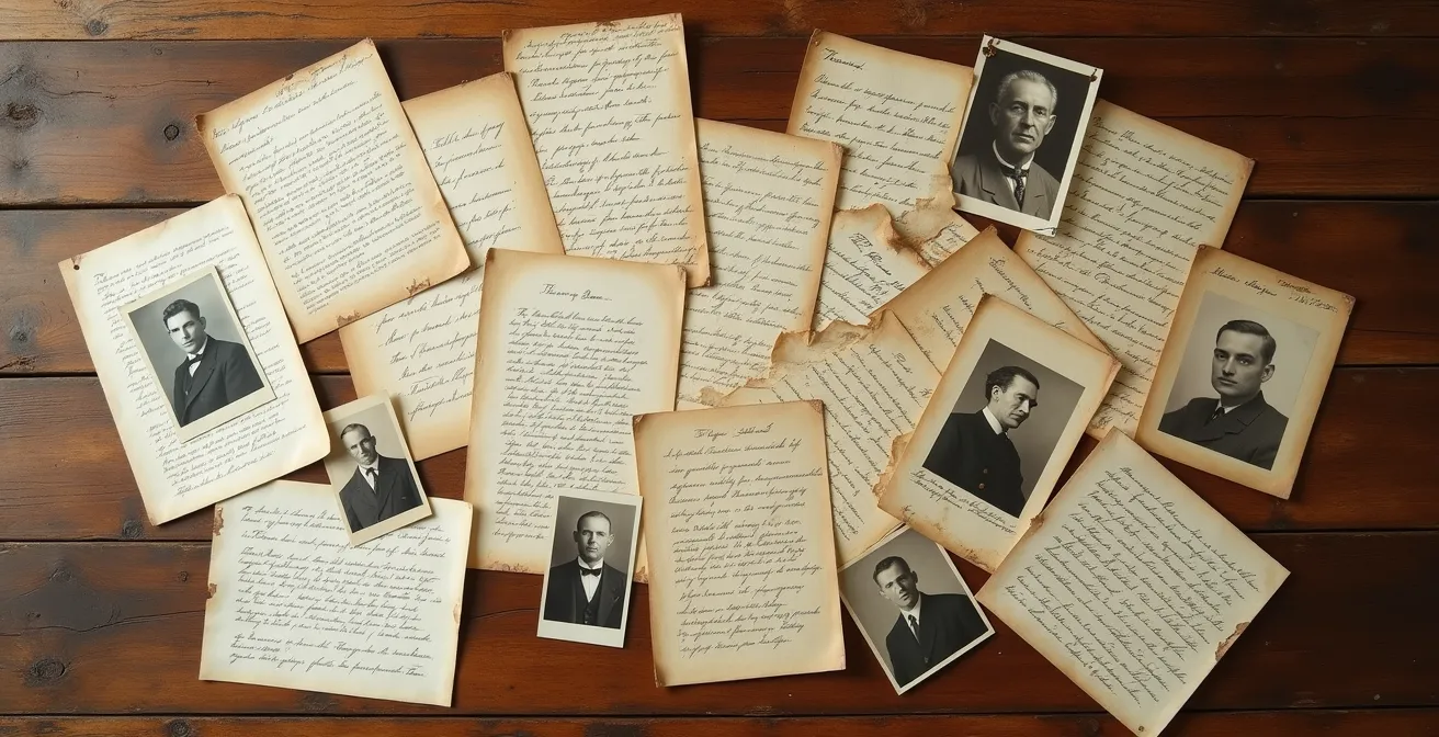 Multiple overlapping historical documents showing different perspectives of same story