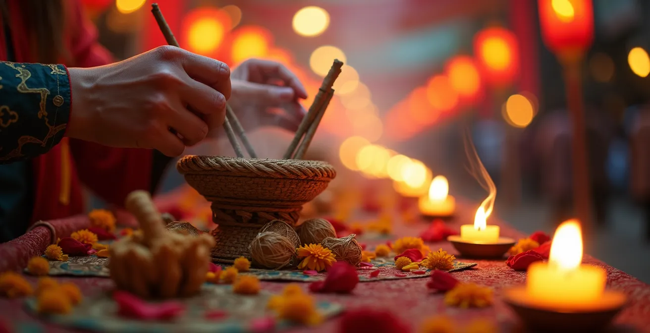 Night festival scene with crowds participating in synchronized movement under lantern light