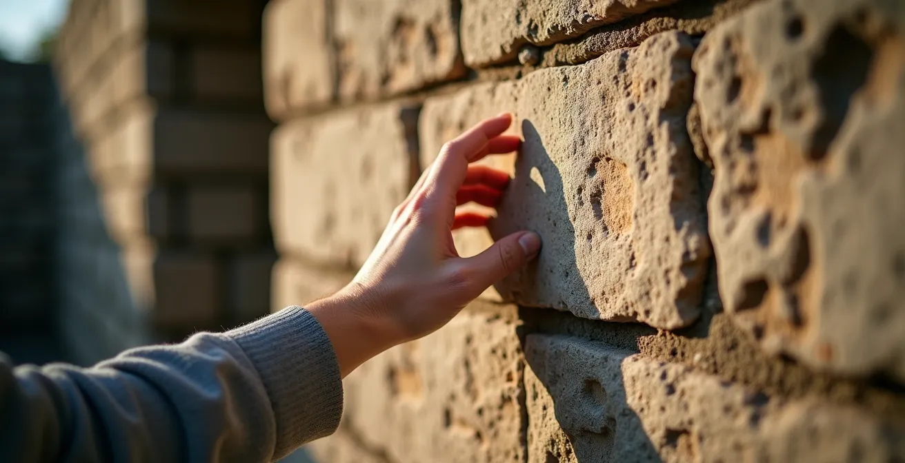 Weathered stone wall showing layers of different historical periods with natural aging patterns