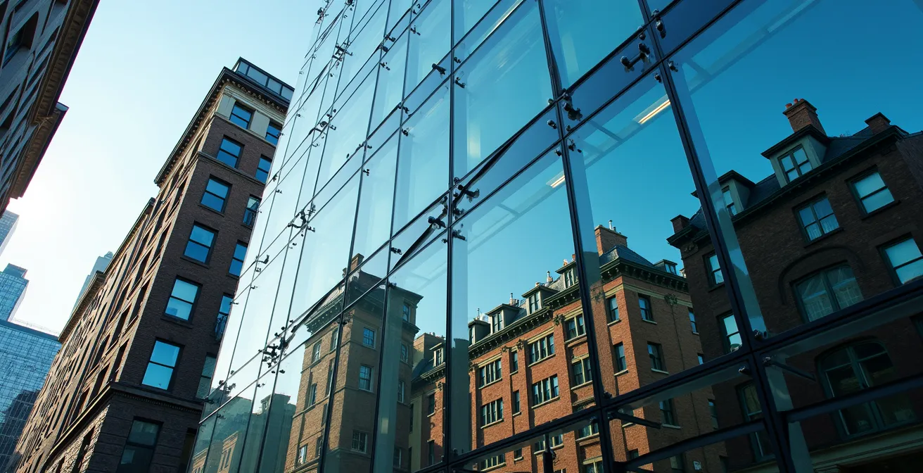 Glass tower facade reflecting distorted images of surrounding historic buildings