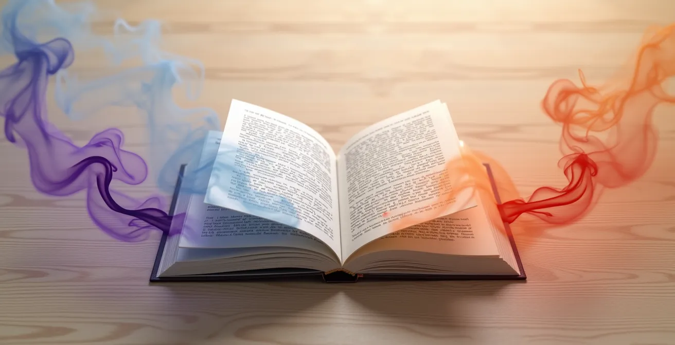 An open anthology book with different genre worlds emerging from its pages