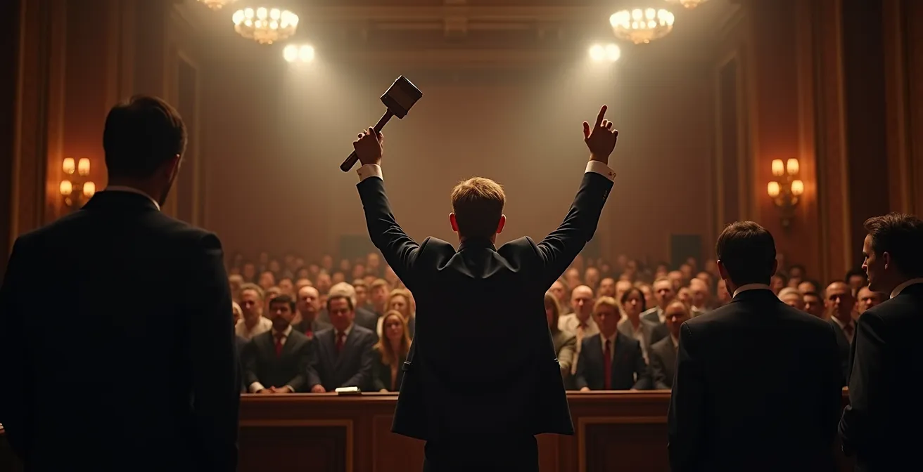 Art auction house scene capturing the peak moment of bidding for contemporary artwork