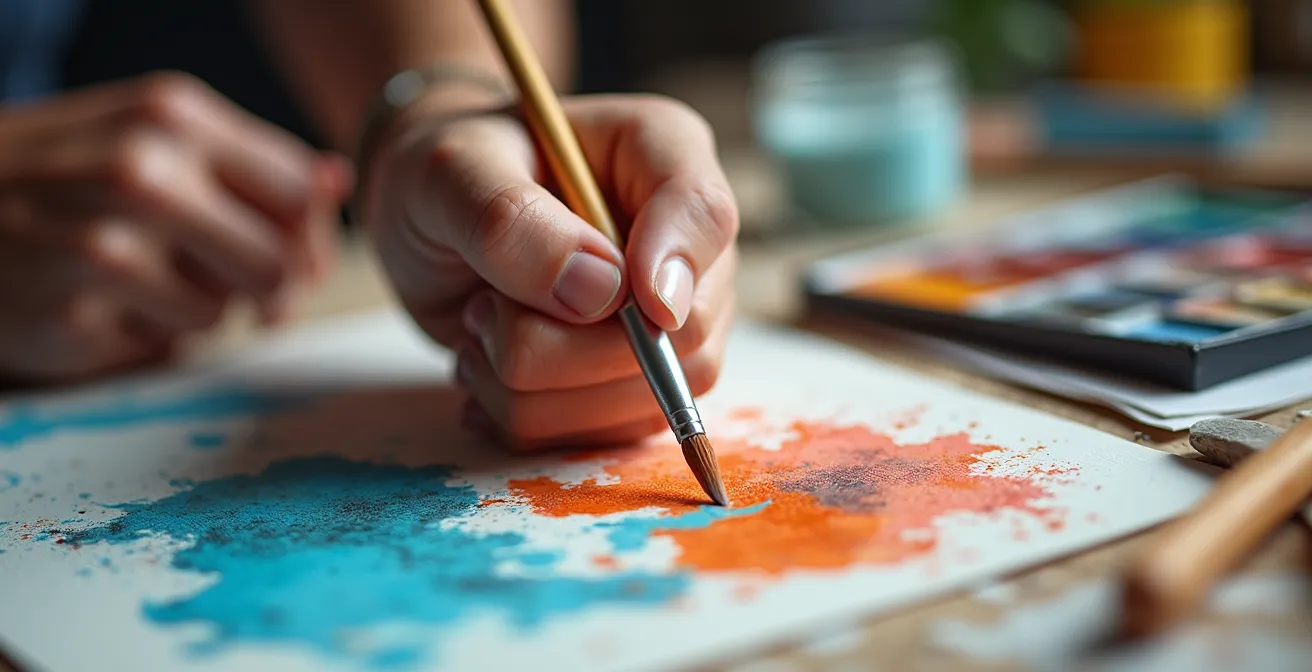 Close-up macro shot of artist's hands working on original creative interpretation with various art supplies