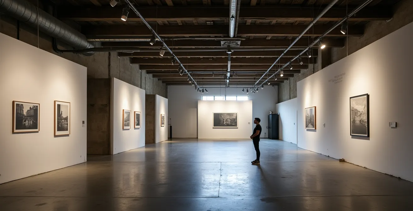 Underground artist-run gallery space with exposed brick walls and track lighting
