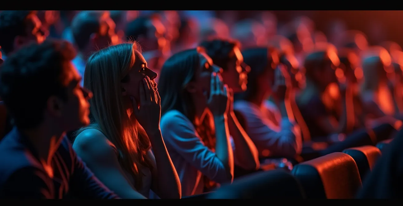 Synchronized audience reaction during a surprising movie moment