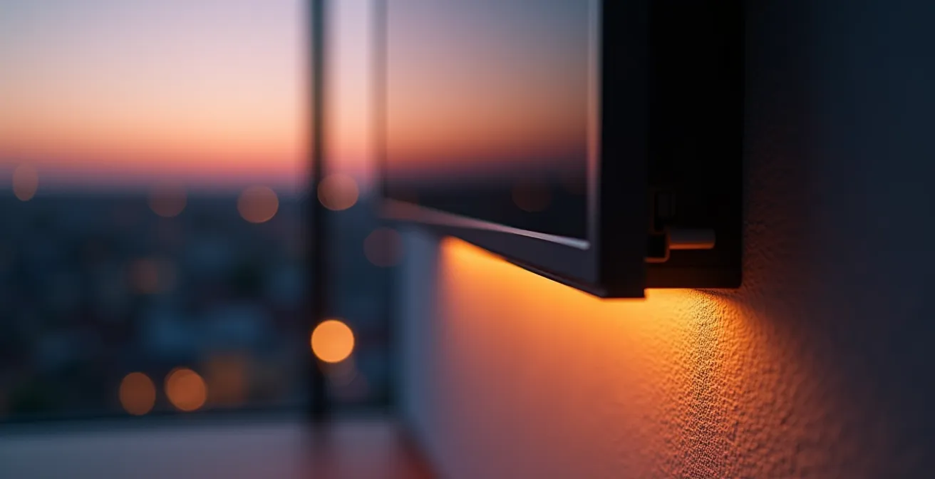 Living room showing proper TV bias lighting setup with warm ambient glow behind screen