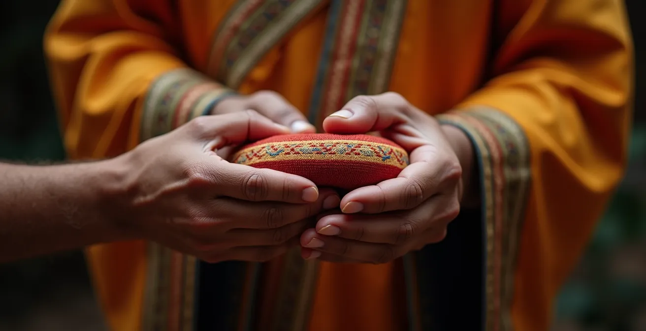 Close-up showing hands offering an object with both hands in a traditional gesture of respect