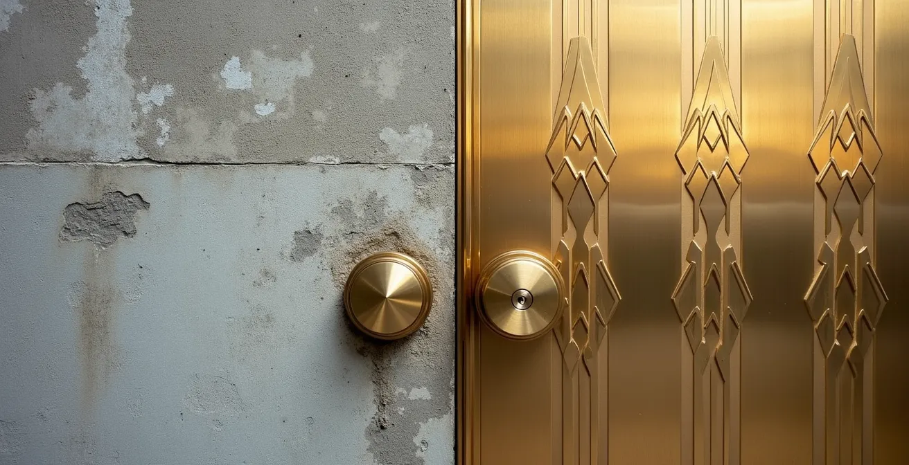 Split composition showing raw concrete brutalist texture against ornate Art Deco metalwork