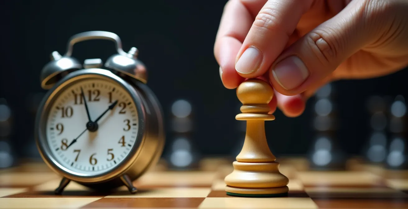 Close-up of a chess clock with hand hovering over chess piece showing time pressure