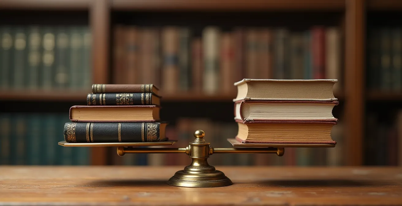 A balance scale with classic leather-bound books on one side and modern paperbacks on the other, perfectly balanced