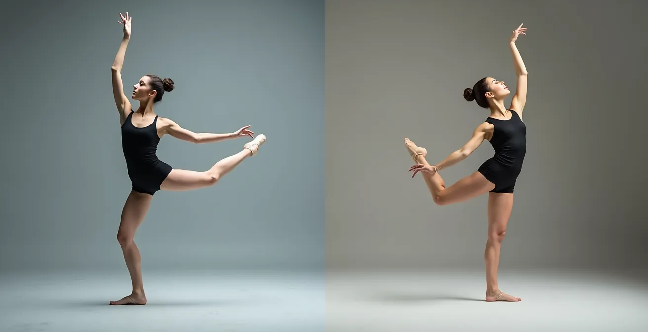 Split composition showing a classical ballet dancer on the left with precise form and a contemporary dancer on the right in fluid motion, with abstract neural patterns overlaid on each.