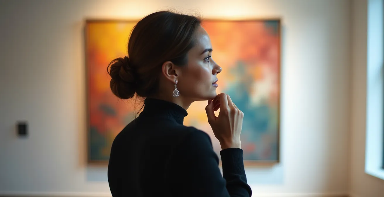 Person engaged in mindful observation of abstract art in a gallery setting
