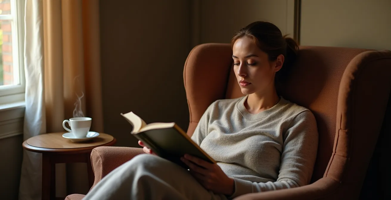 A serene reading corner with soft lighting, comfortable chair, and minimal distractions