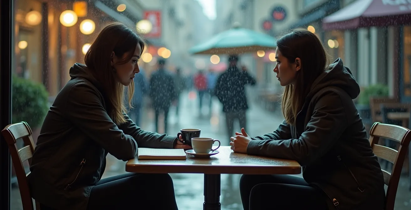 Person sitting alone in a cafe abroad, showing contemplative mood during adjustment phase
