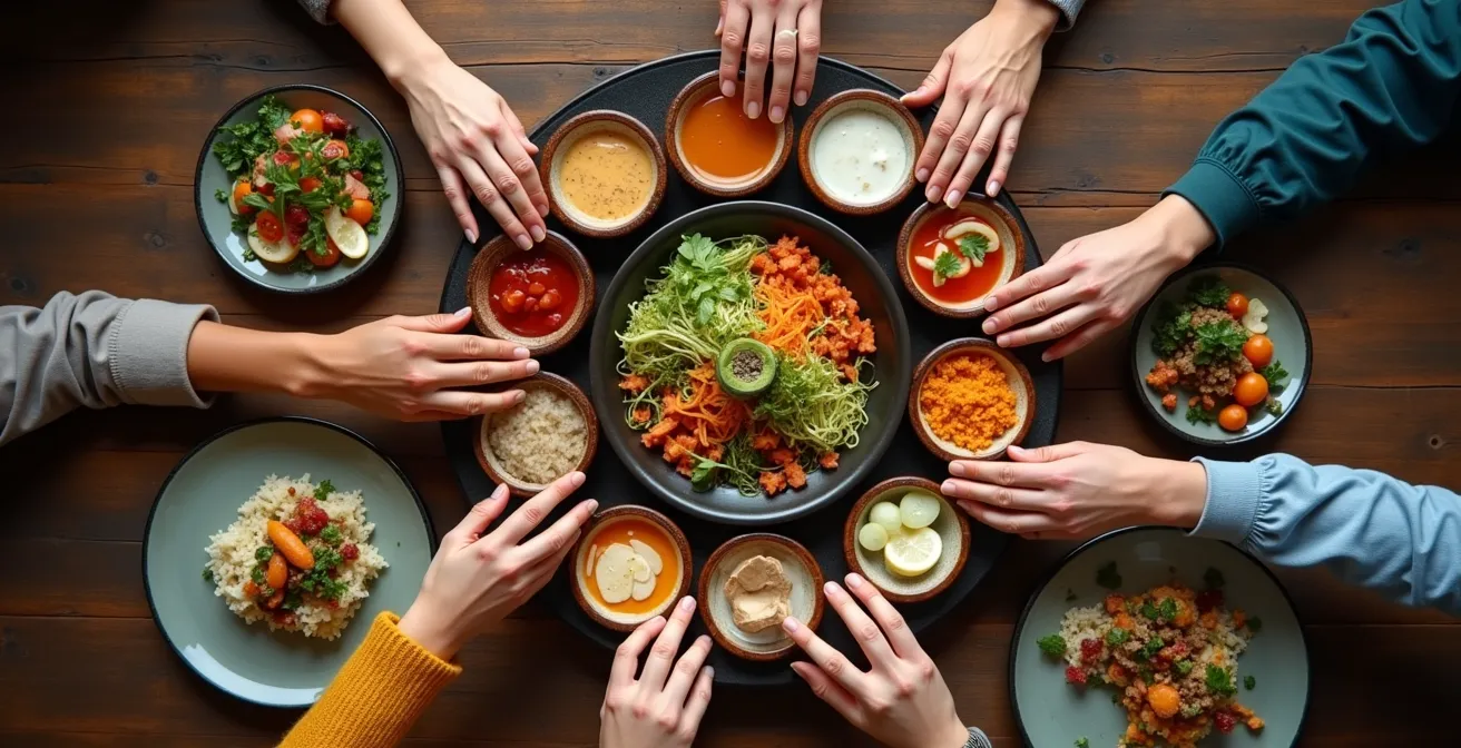 Diverse group sharing a communal meal, hands reaching across table in cooperative gesture