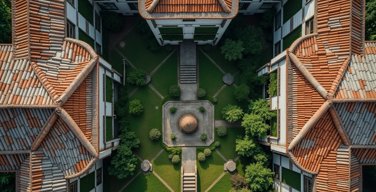 Aerial macro view showing subtle landscape scars and overgrown foundations visible from above