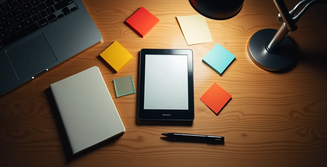 Overhead view of a clean desk with e-reader, notebook, and abstract visualization of organized digital content
