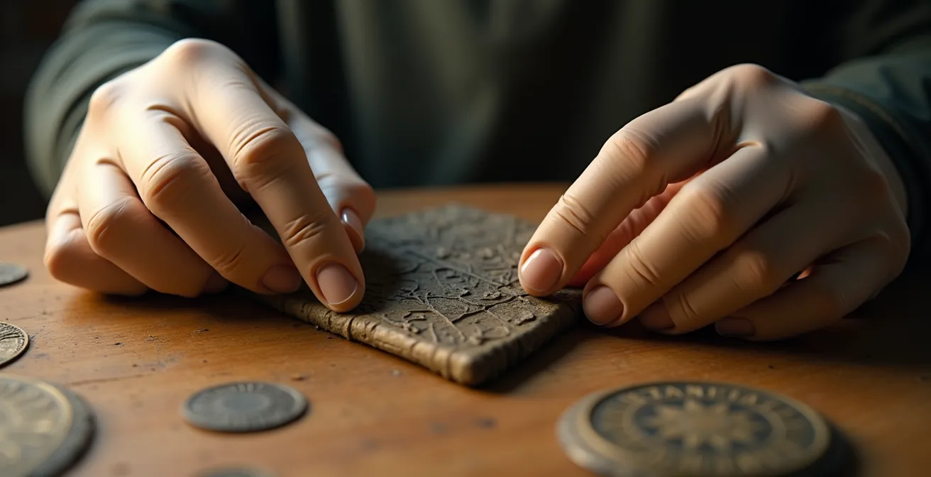 Close-up of hands carefully handling historical artifacts for digital documentation