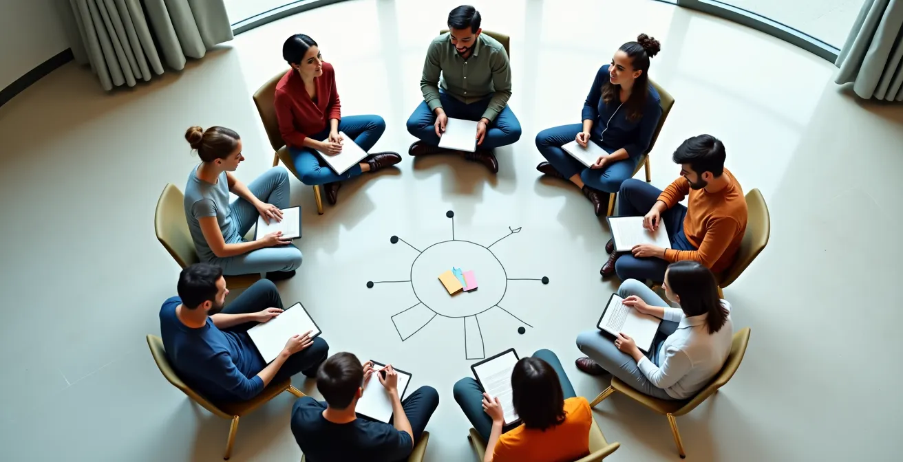 Overhead view of people sitting in a circle engaged in animated conversation, representing healthy online community dynamics