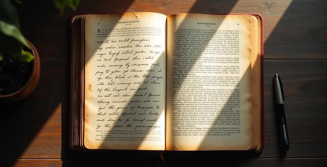 Split composition showing handwritten journal pages on the left and printed biography pages on the right, with dramatic lighting creating a divide.