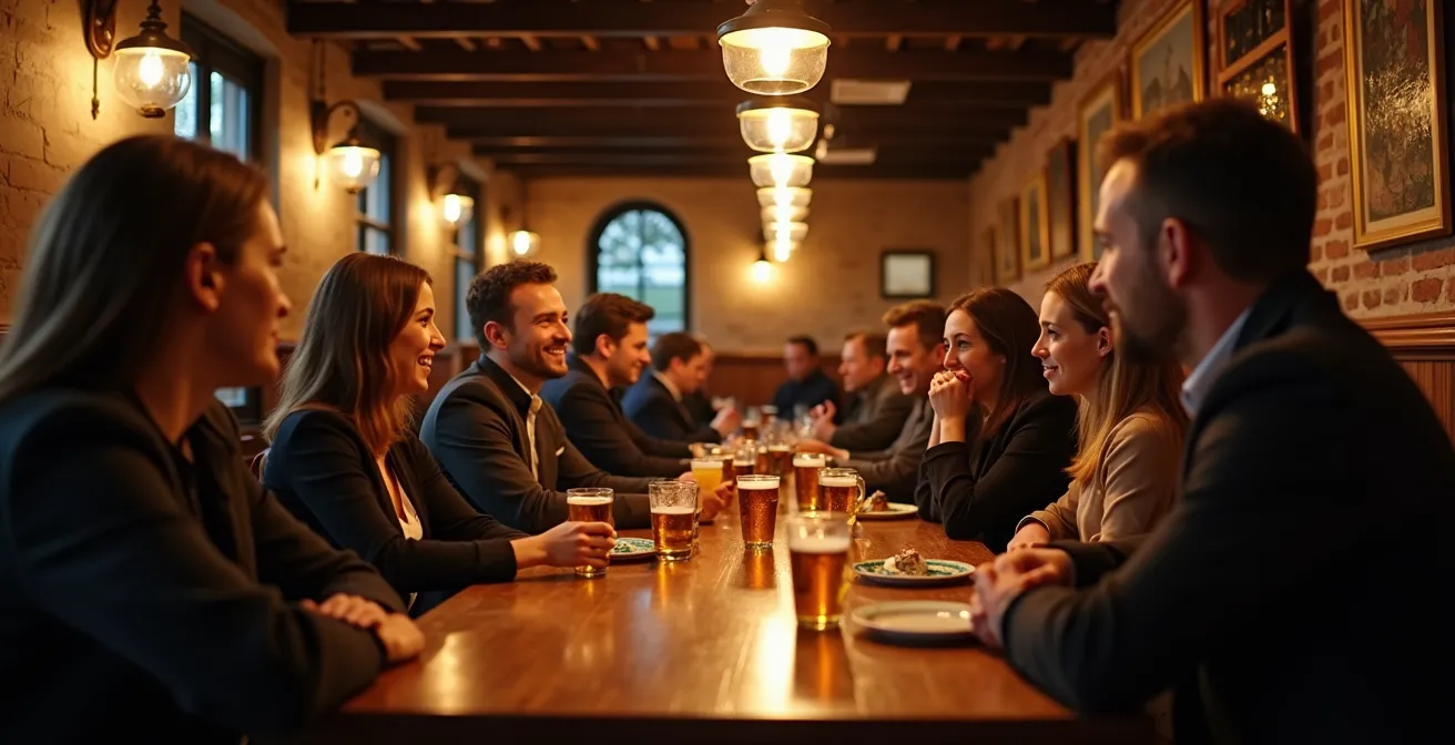 Warm pub interior with people engaged in animated conversation around wooden tables