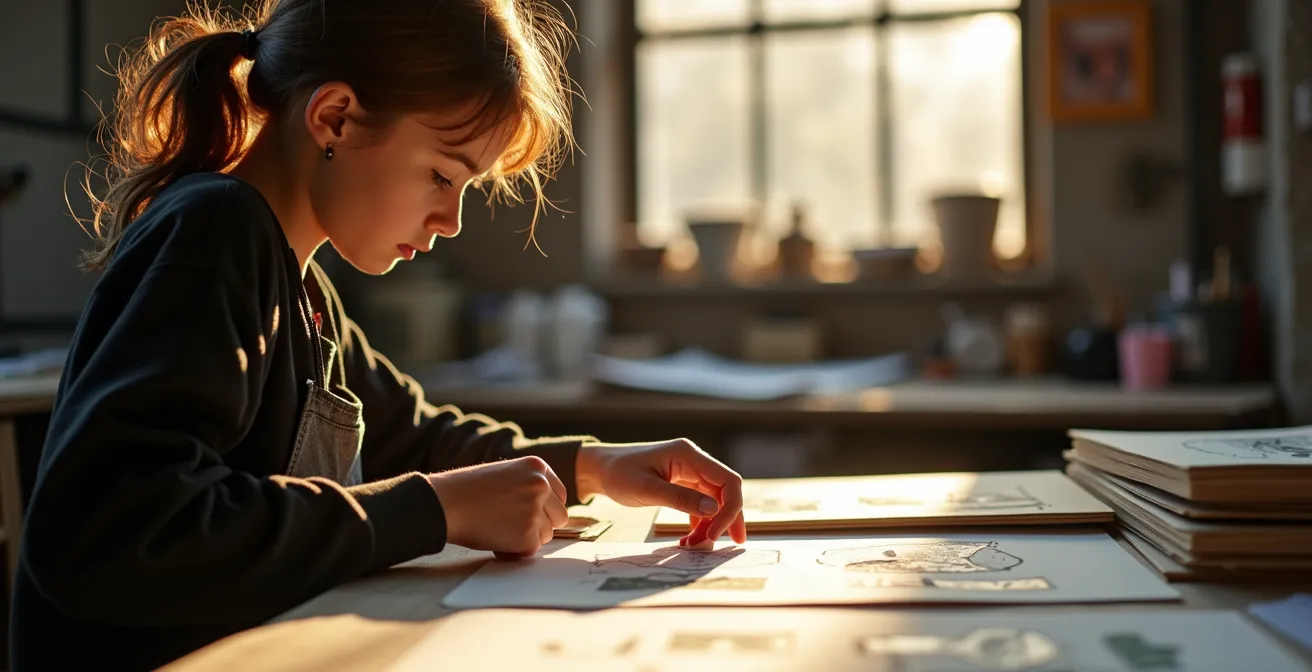 Young collector examining small artworks in an artist's studio space