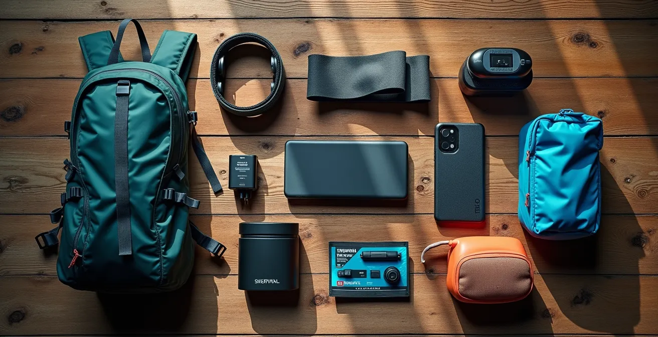Overhead view of festival camping gear meticulously organized on wooden floor