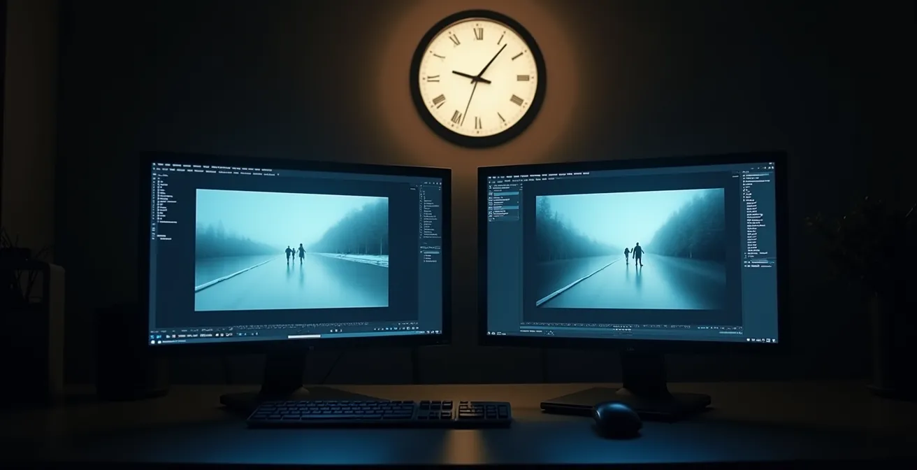Split scene showing subtle lighting changes between consecutive film shots