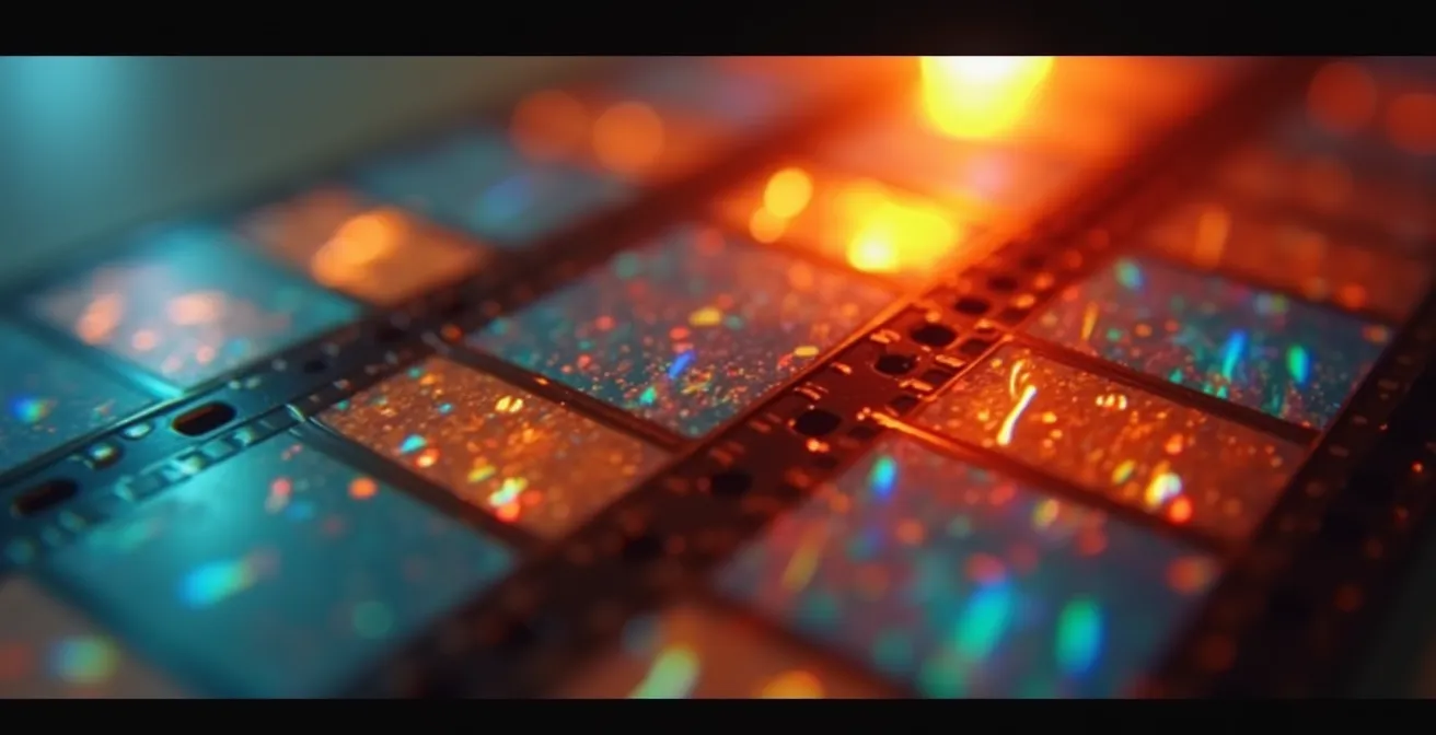 Macro shot of film strip showing motion blur differences between frame rates