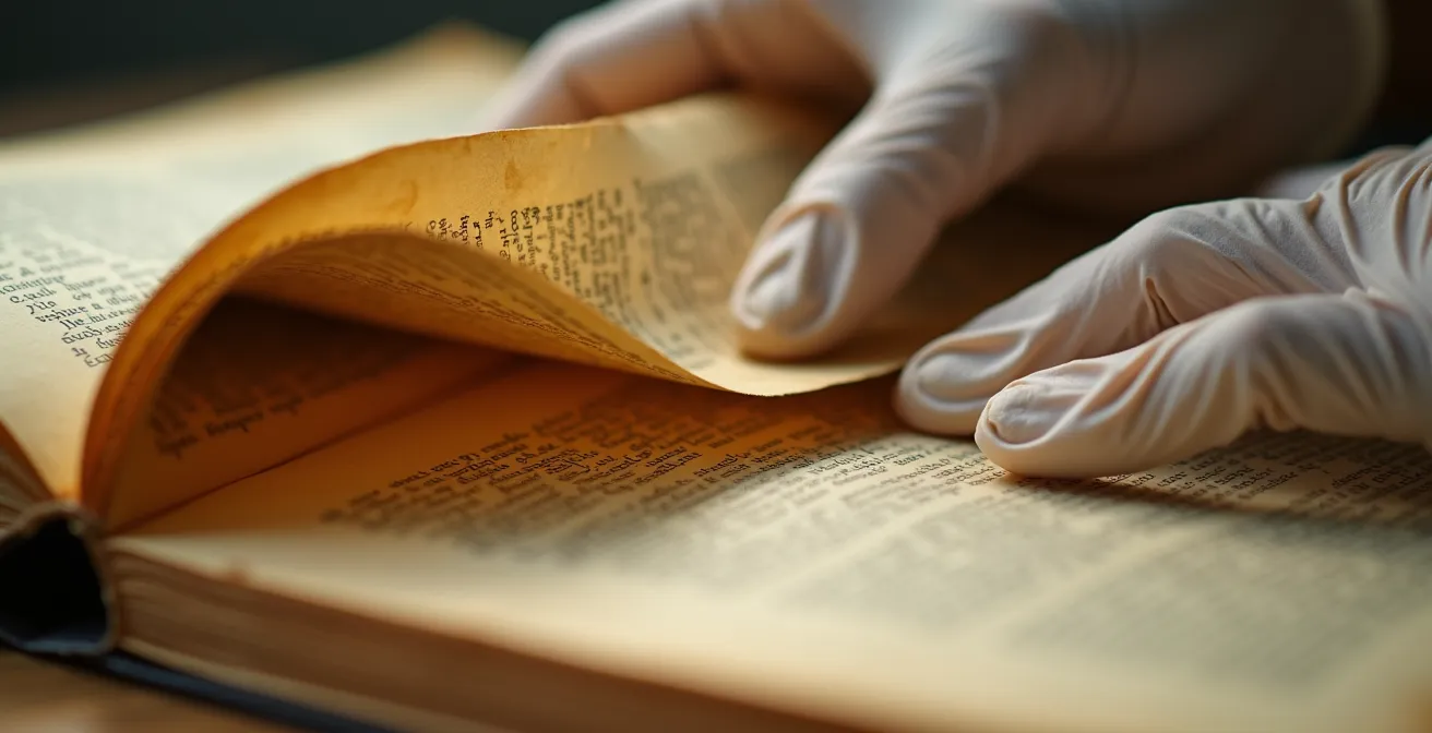 Close-up of hands carefully handling historical documents with visible texture