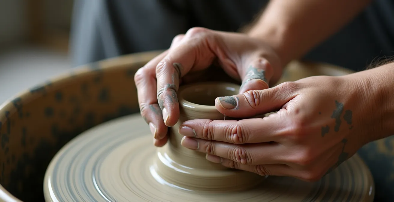 Close-up of hands shaping clay with instructor guiding, showing tactile language learning