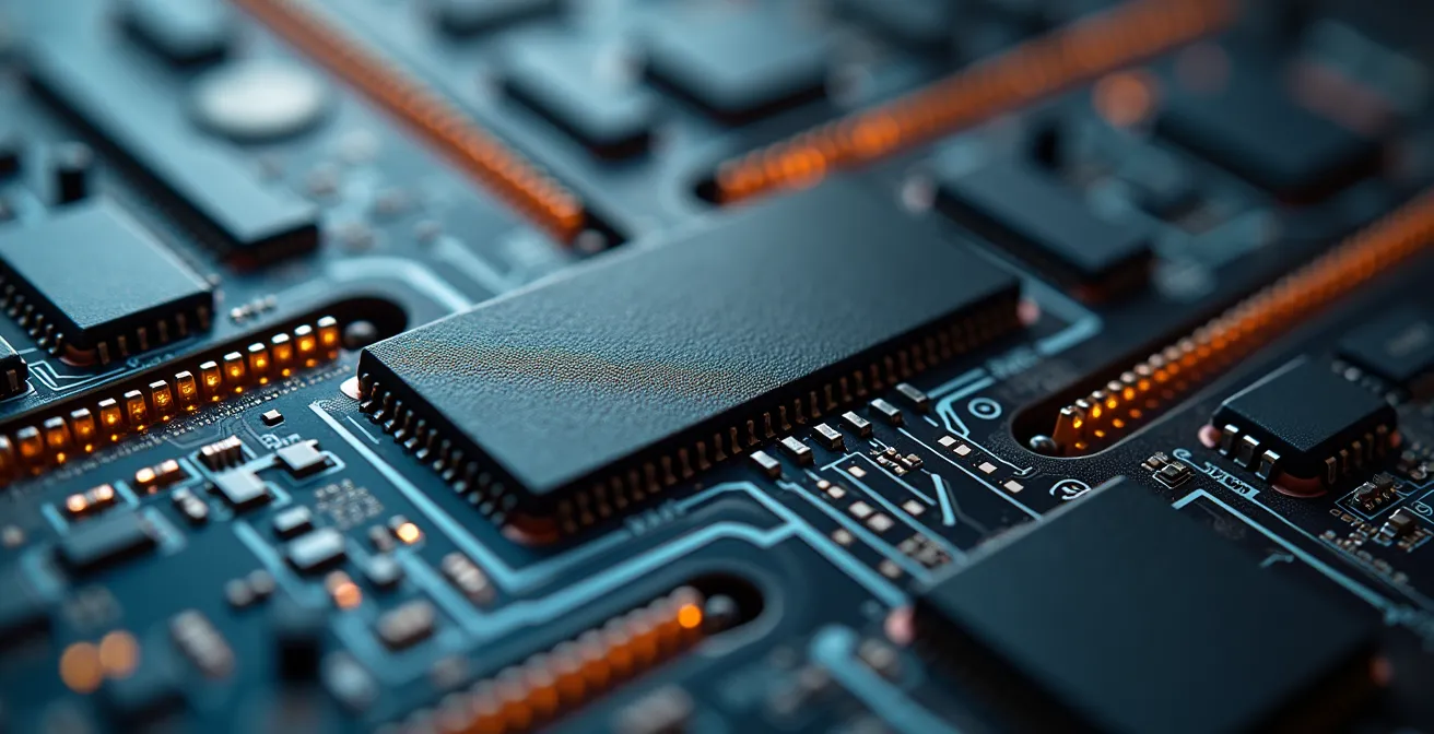 Extreme close-up of futuristic technical surface showing intricate mechanical details and textures