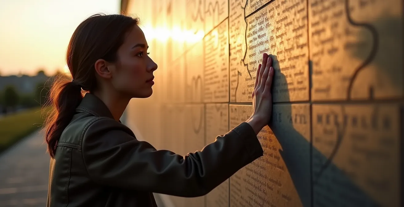 Person experiencing emotional connection while reading memorial names at historic site