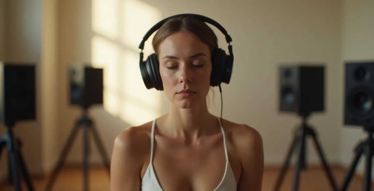 Overhead view of home theater showing speaker placement creating invisible sound field