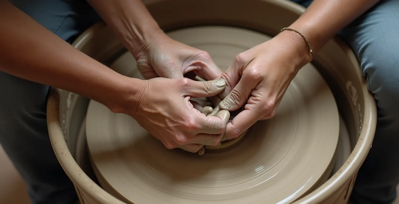 Close-up of instructor's hands guiding student's hands on pottery wheel showing tactile teaching