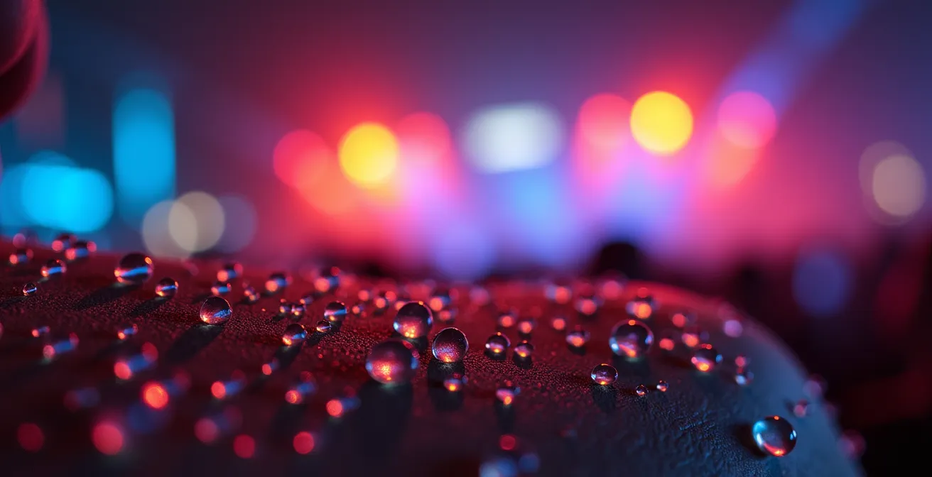 Extreme close-up of water droplets on skin with blurred festival lights in background