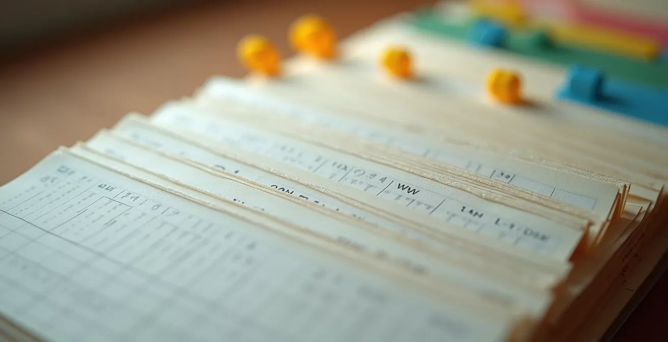 Macro shot of organized index cards with color-coded tabs arranged in a systematic pattern, representing a knowledge organization system.
