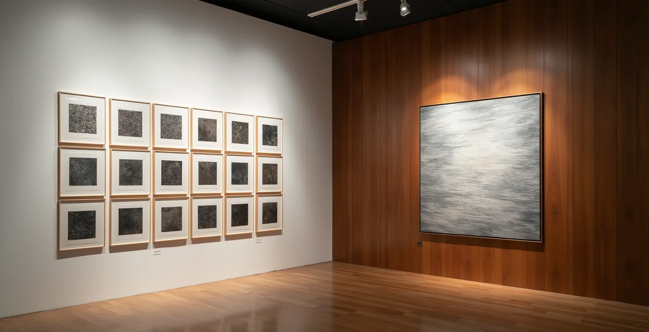 Side-by-side comparison of limited edition prints and original artwork in collector's study