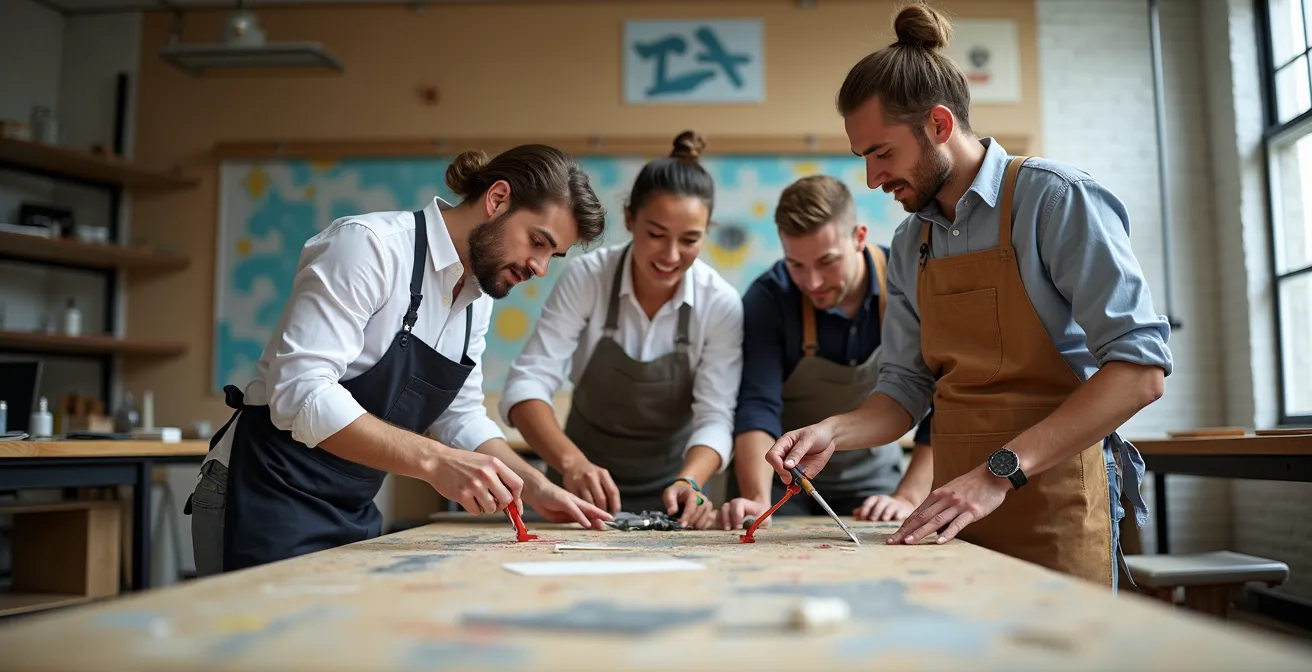 Wide shot of diverse people engaged in hands-on creative workshop in bright community space