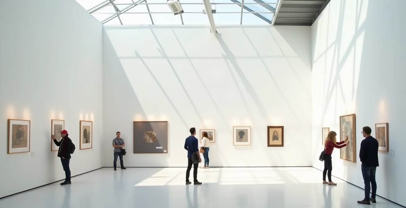 Volunteers organizing a community art exhibition in a local gallery space