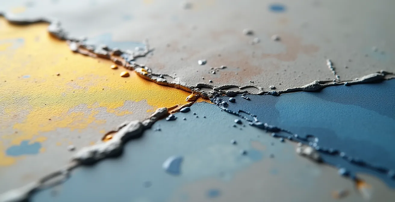 Extreme close-up of painting brushstroke texture versus digital rendering artifacts