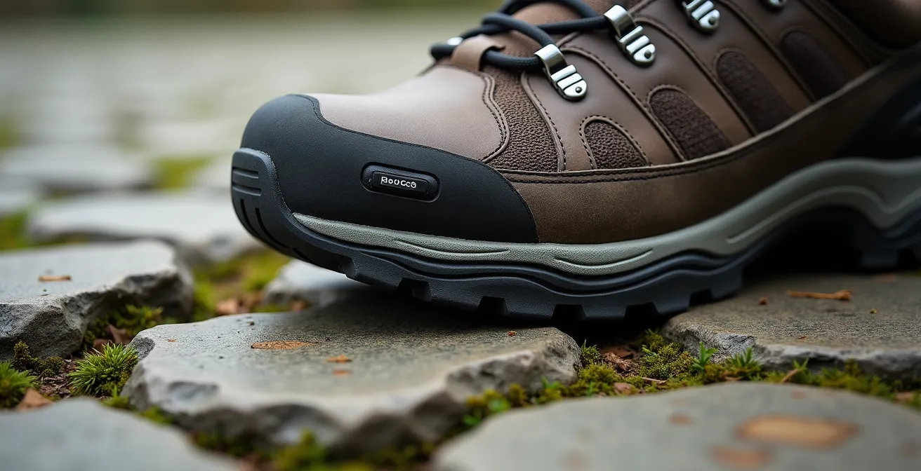 Extreme close-up of shoe sole pressing into ancient cobblestone texture showing grip patterns