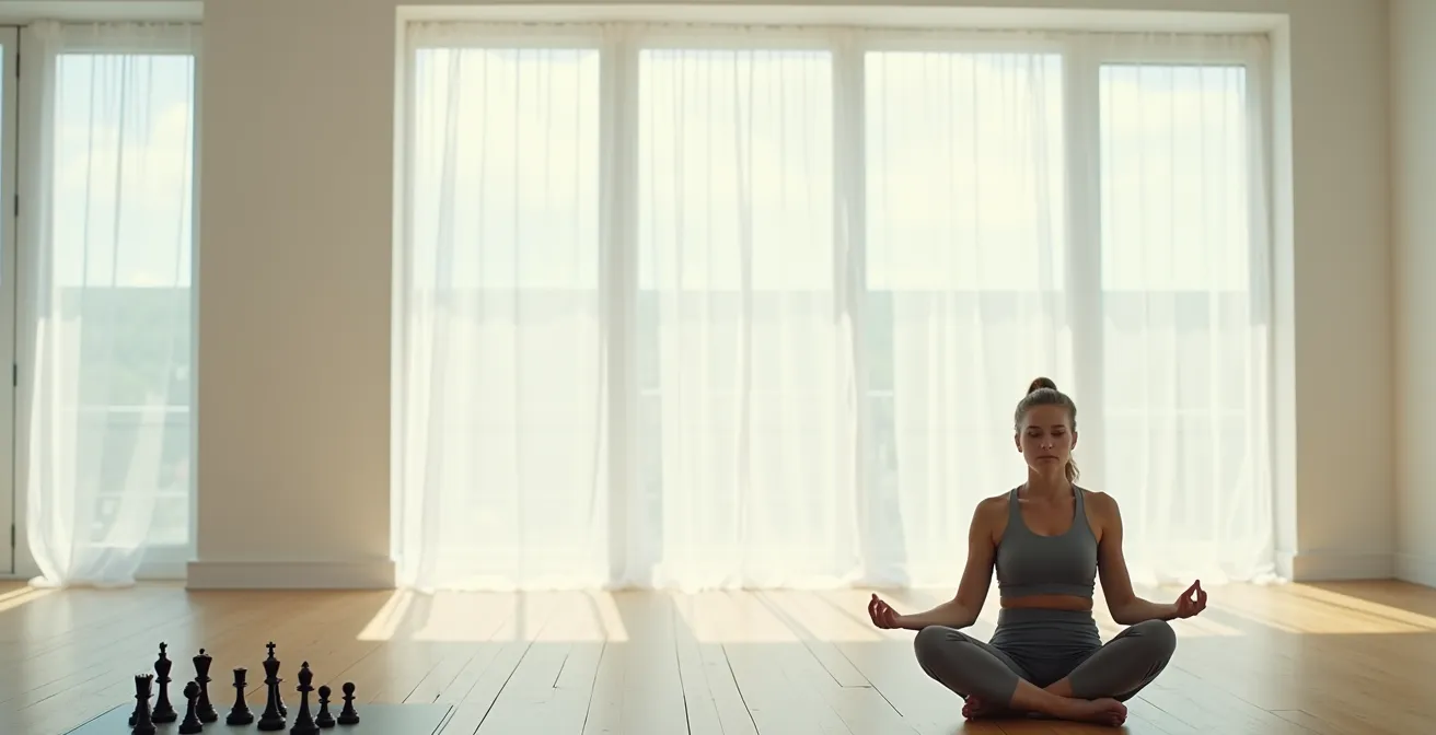 Professional chess player in meditative pose before tournament with chess pieces in soft focus