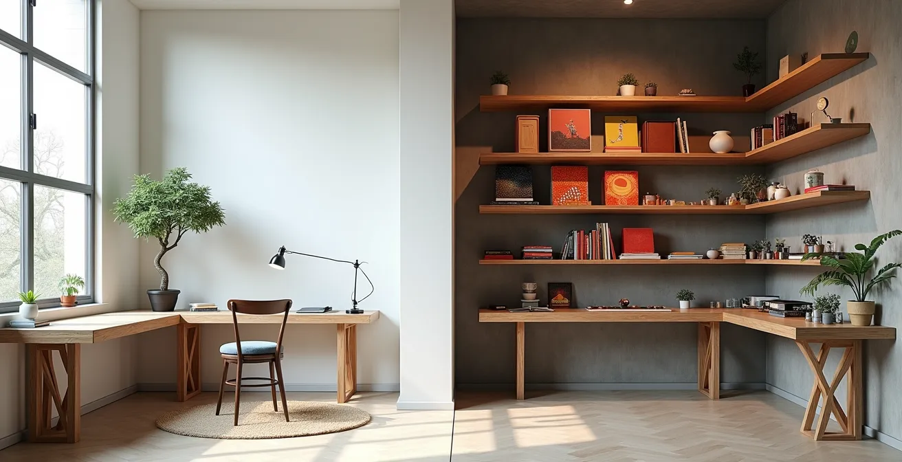 Split composition showing contrast between minimalist zen workspace and maximalist cabinet of curiosities