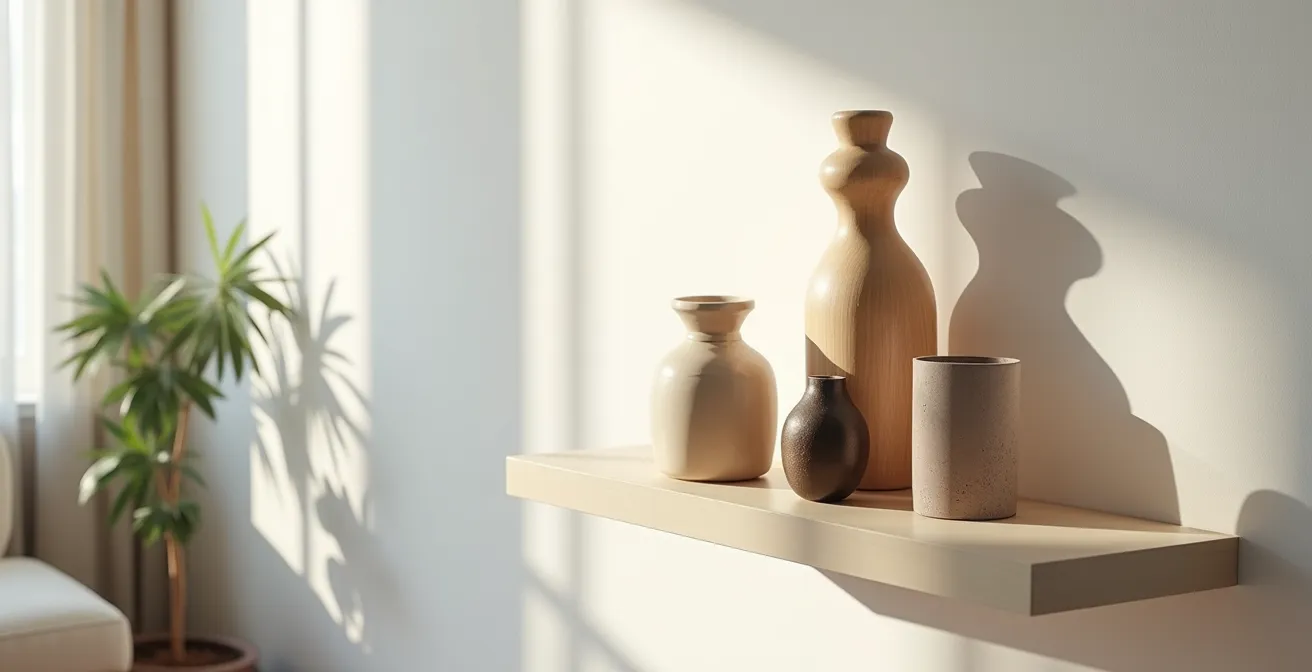 Minimalist room corner with carefully curated small sculptures creating intimate vignette