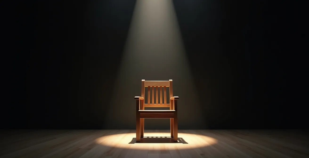 Minimalist theater stage with a single chair casting multiple shadows suggesting different possibilities