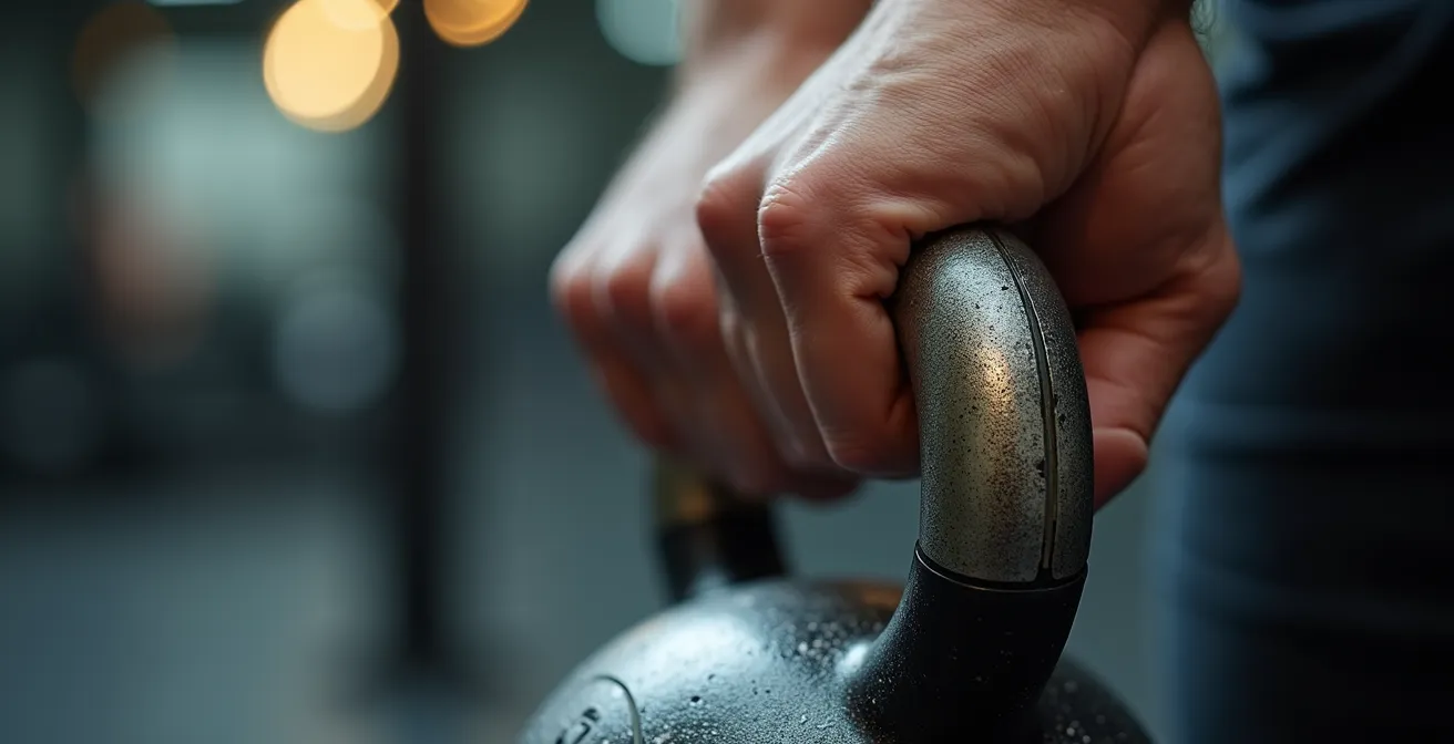 Close-up of hands demonstrating precise kettlebell grip technique